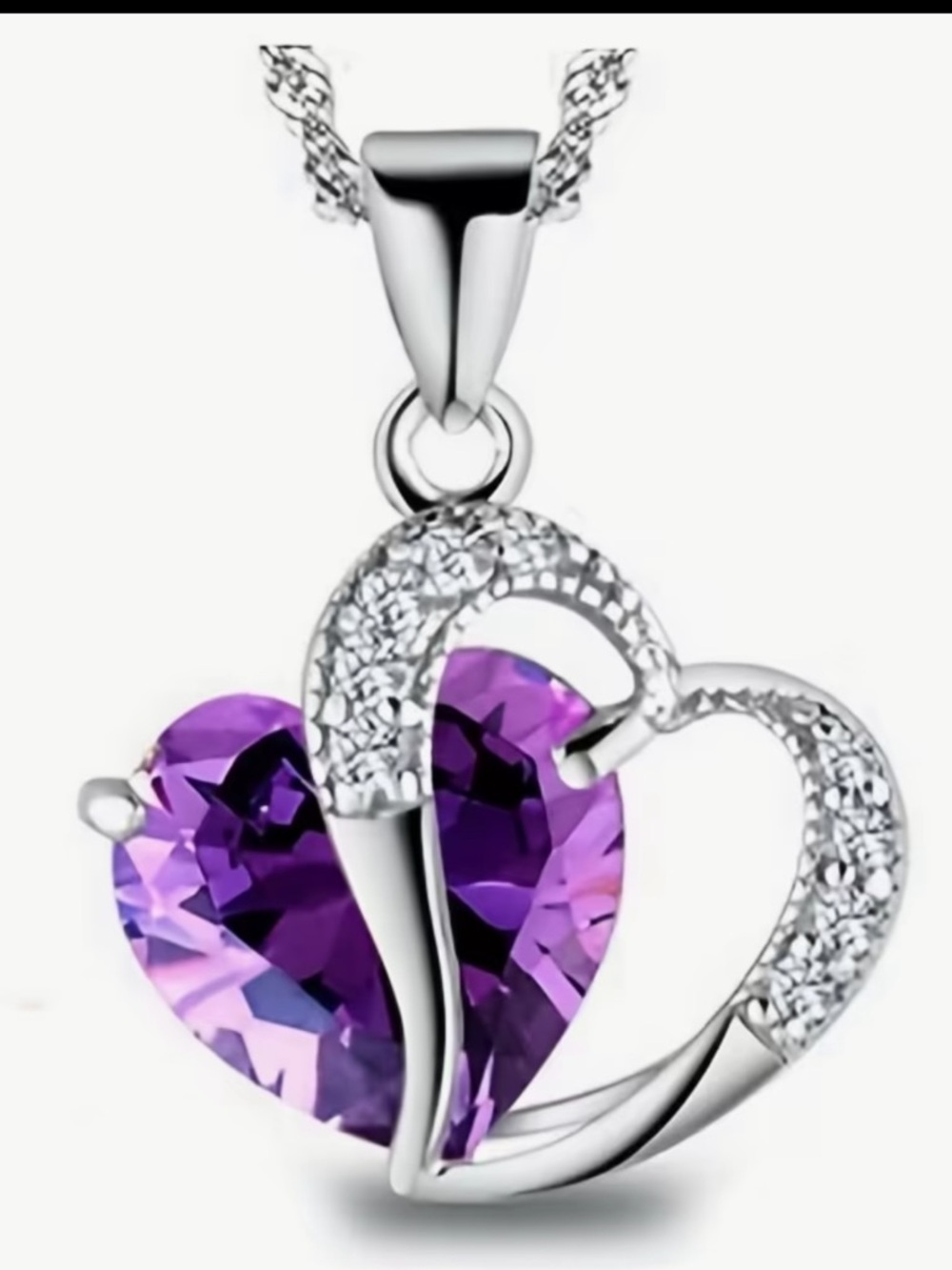 Silver Heart Pendant Necklace with Purple Rhinestones Crystal